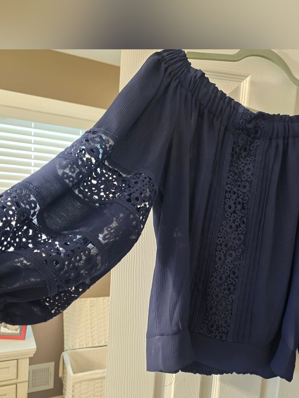Navy Off-Shoulder Lace Sleeve Women's Top
